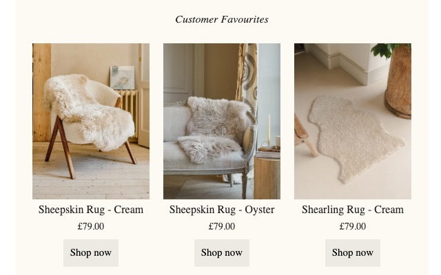 Rug Sizing email: three product tiles per size with small Shop now buttons
