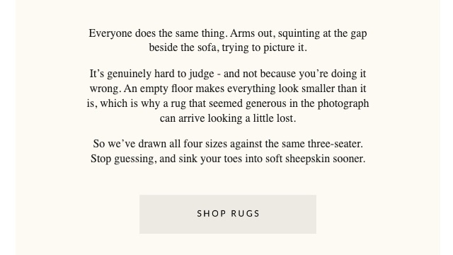 Current email: body copy with a pale beige Shop Rugs button that almost disappears into the cream background